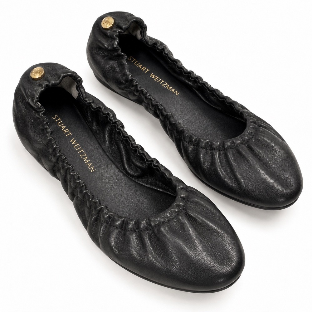 Stuart Weitzman Black Leather Ballet Flats Scrunch Elastic Gold Logo Size 9
